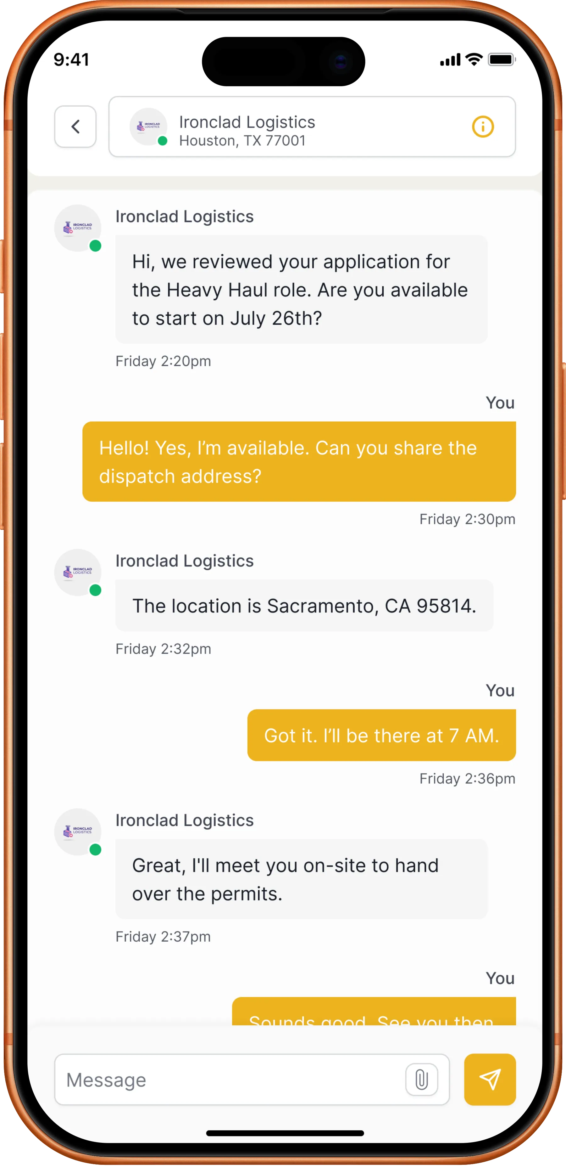 HammerLoop message thread between a contractor and a worker discussing a job