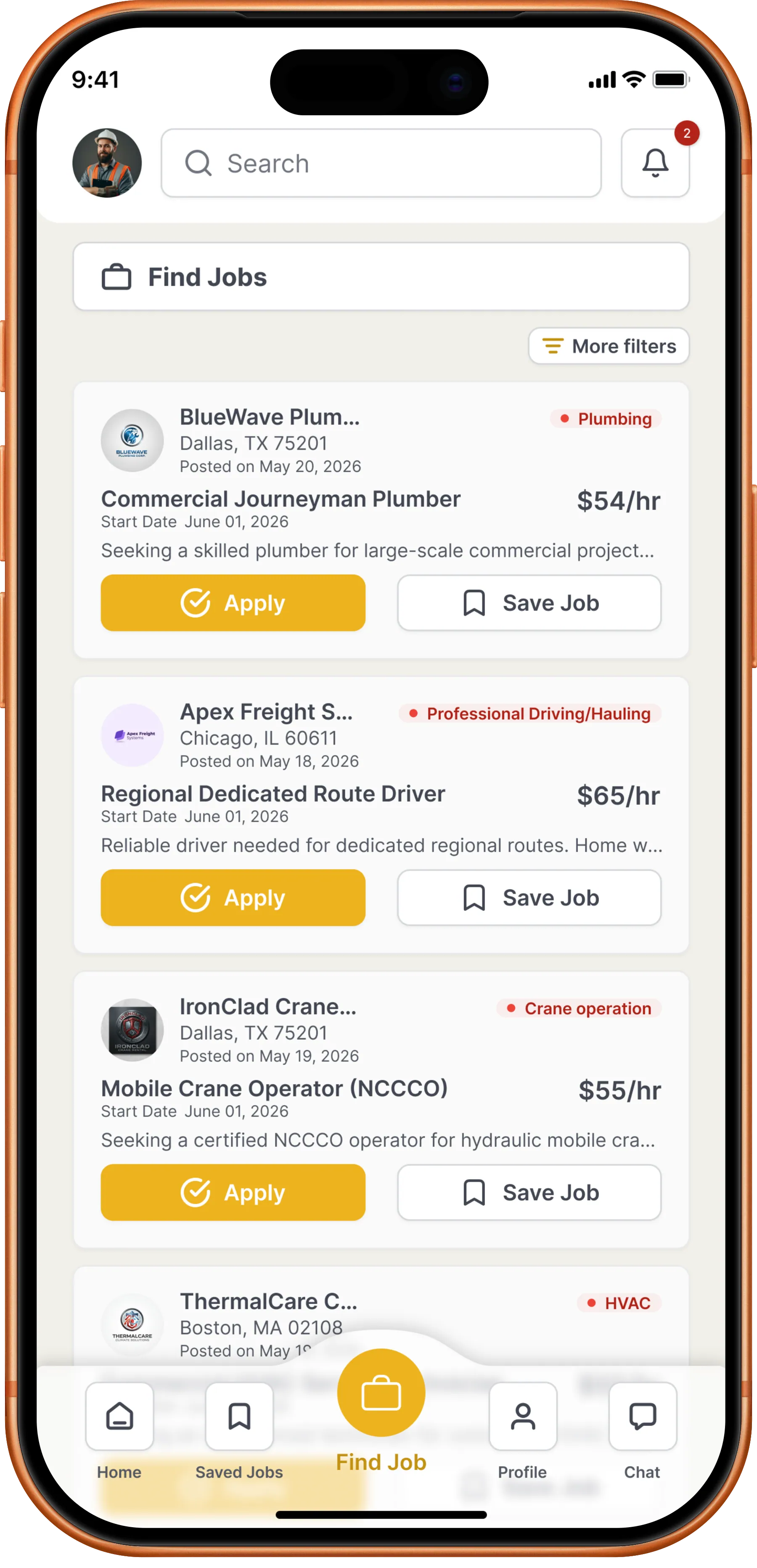 HammerLoop job feed on a phone, with search, distance filters and hourly pay rates on every card