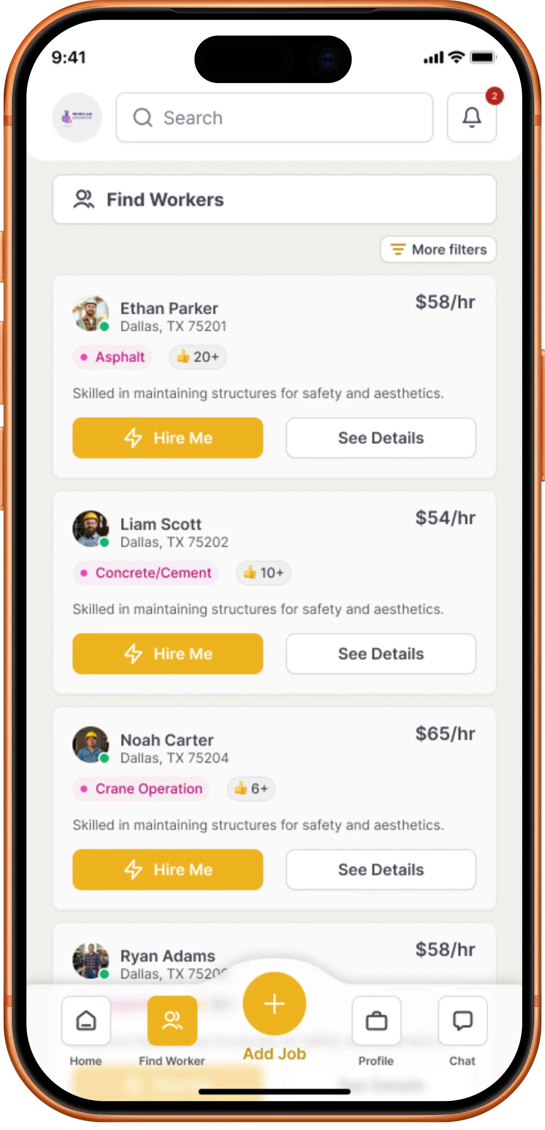 HammerLoop Find Workers results showing each worker's trade, location and hourly rate
