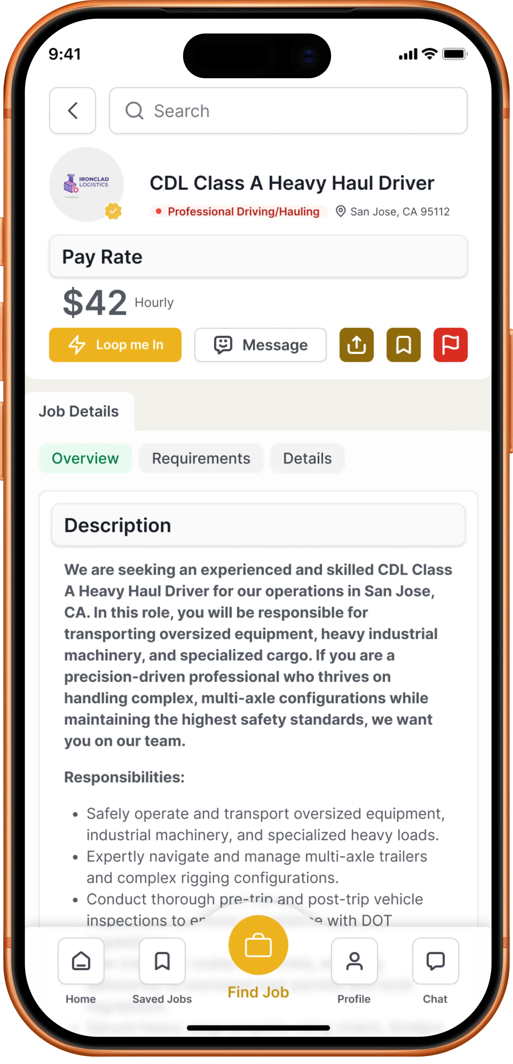HammerLoop job detail screen showing the hourly rate, trade, location and apply action