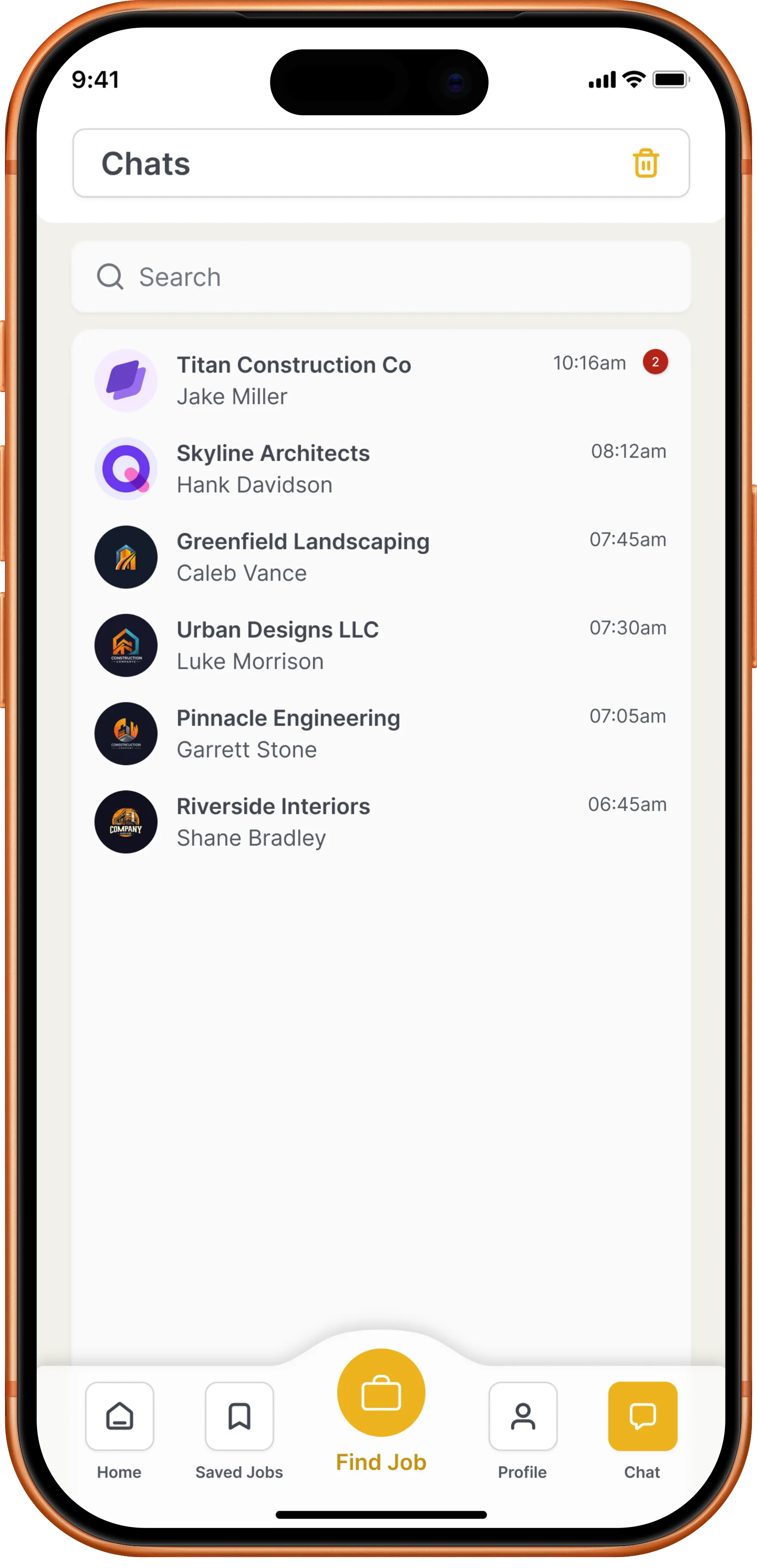 HammerLoop worker inbox listing message threads with contractors