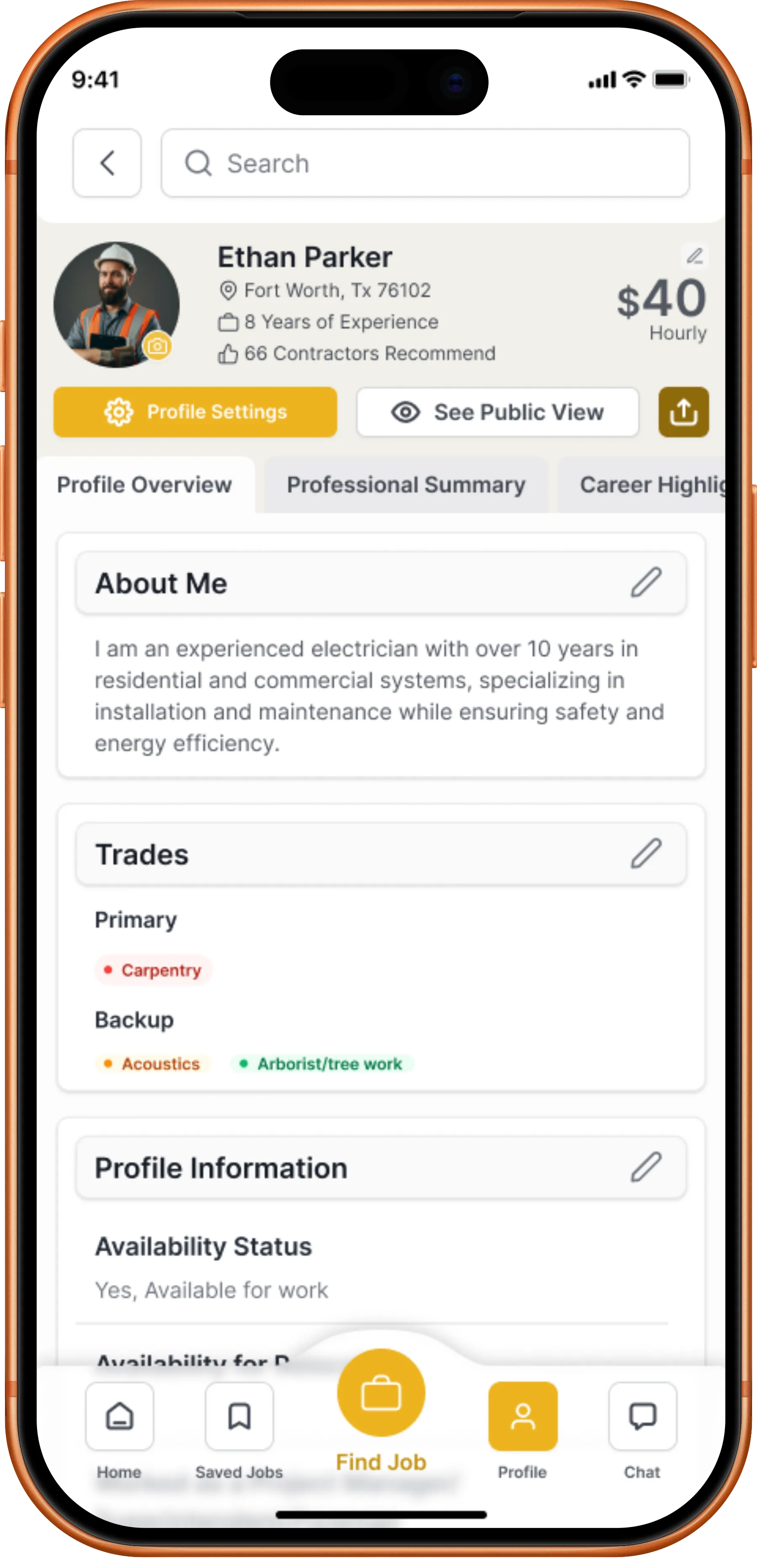 HammerLoop worker profile with hourly rate, years of experience, certifications and recommendations