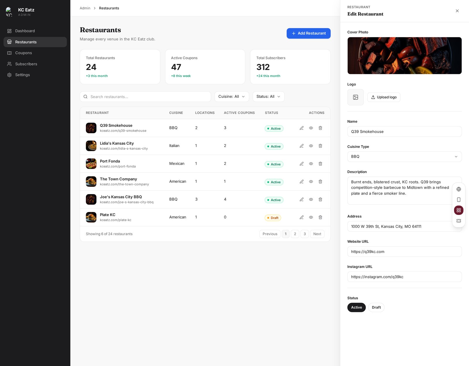 KC Eatz admin restaurants view: dark sidebar, counts across the club, searchable venue table with status badges, and a slide-in edit restaurant panel