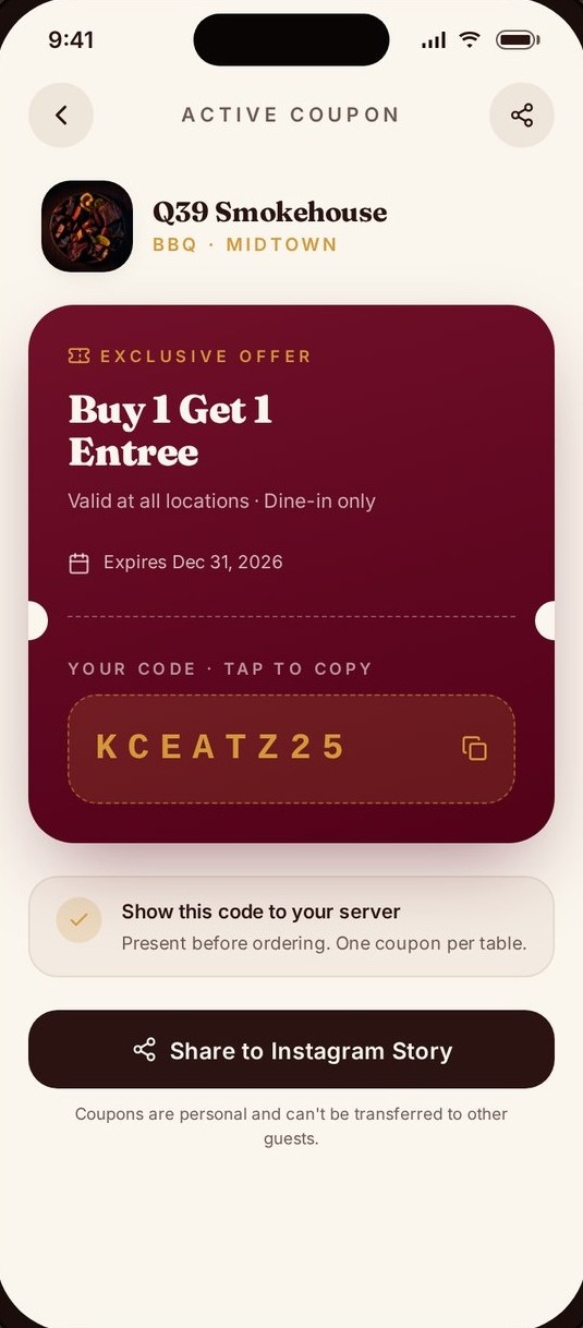 KC Eatz app coupon screen: a member-exclusive offer shown at the table with a redemption code