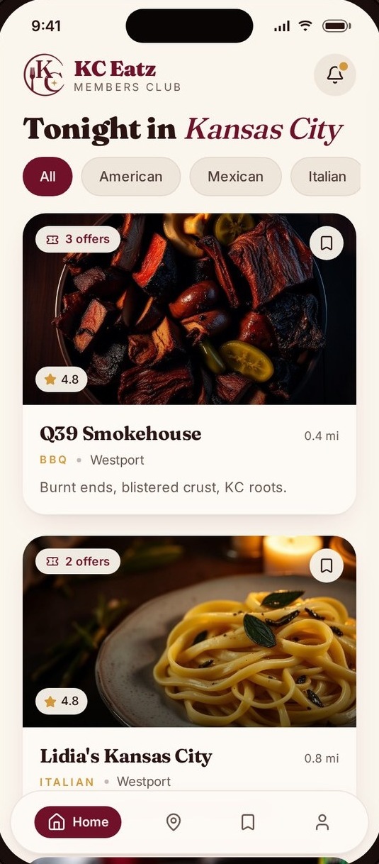 The KC Eatz app home feed on a phone: Tonight in Kansas City, cuisine filters, and restaurant cards with offer counts, ratings and distance