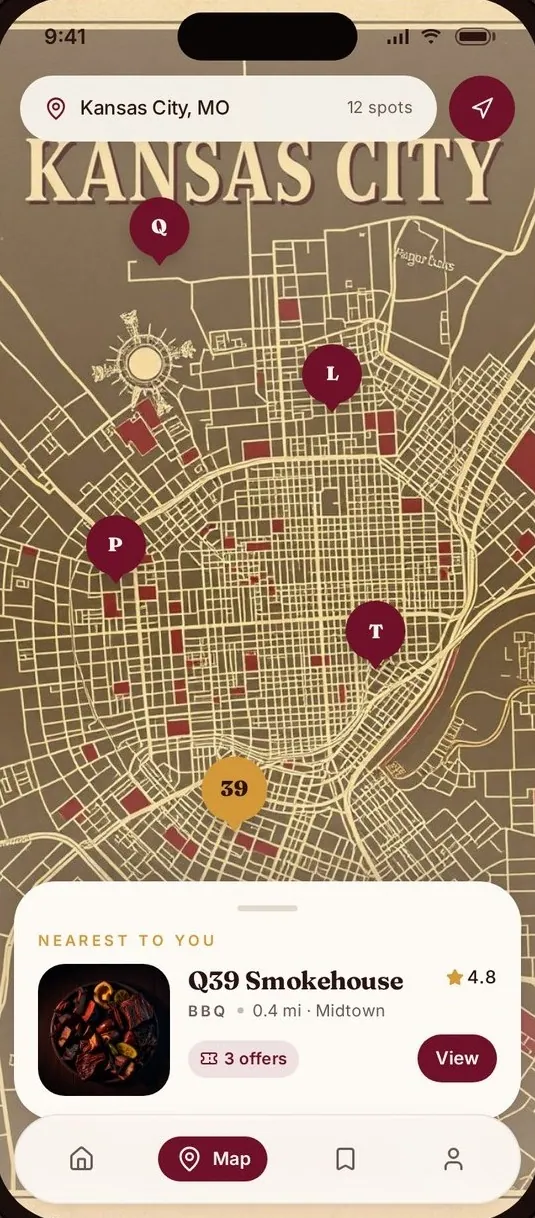 KC Eatz map view of Kansas City with restaurant pins and a nearest-to-you card at the bottom