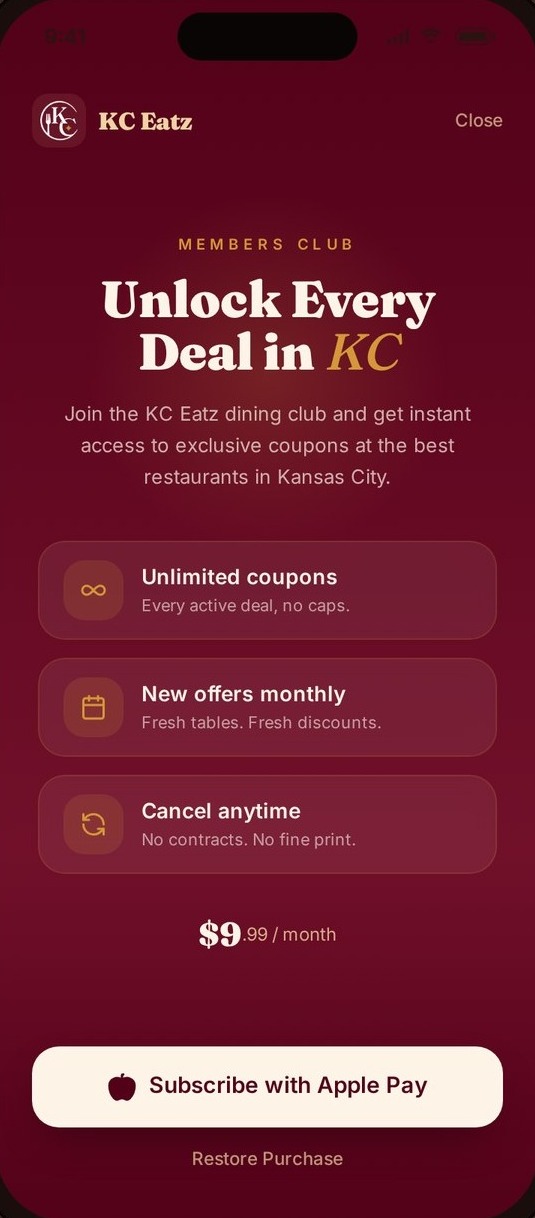 KC Eatz app membership screen: one tier at $4.99 a month with unlimited redemptions