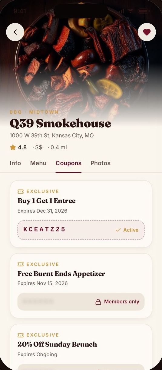 KC Eatz restaurant profile: cover photo, rating and distance, tabs for info, menu, coupons and photos, with exclusive coupons listed