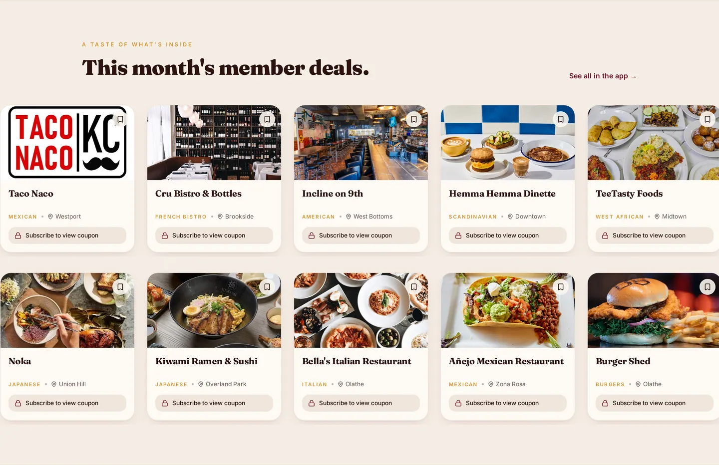 KC Eatz deals grid on the web: ten restaurant cards with cuisine, neighborhood and locked member coupons