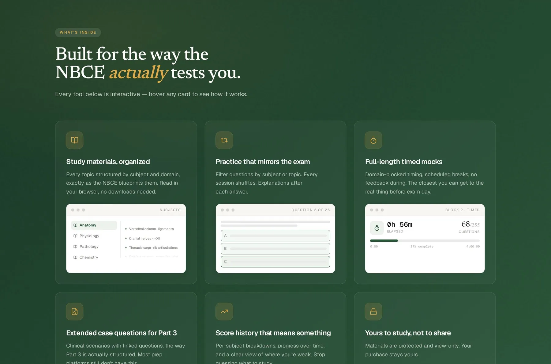 What's inside section on a dark green band: cards for study materials, practice that mirrors the exam and full-length timed mocks, each with a small interactive product preview