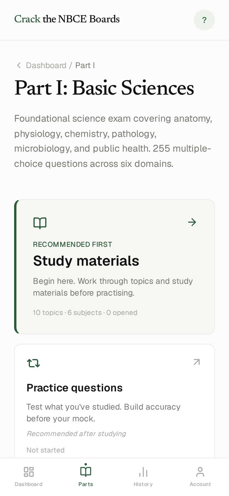 Part I overview on a phone: study materials recommended first, then practice questions, with a bottom tab bar