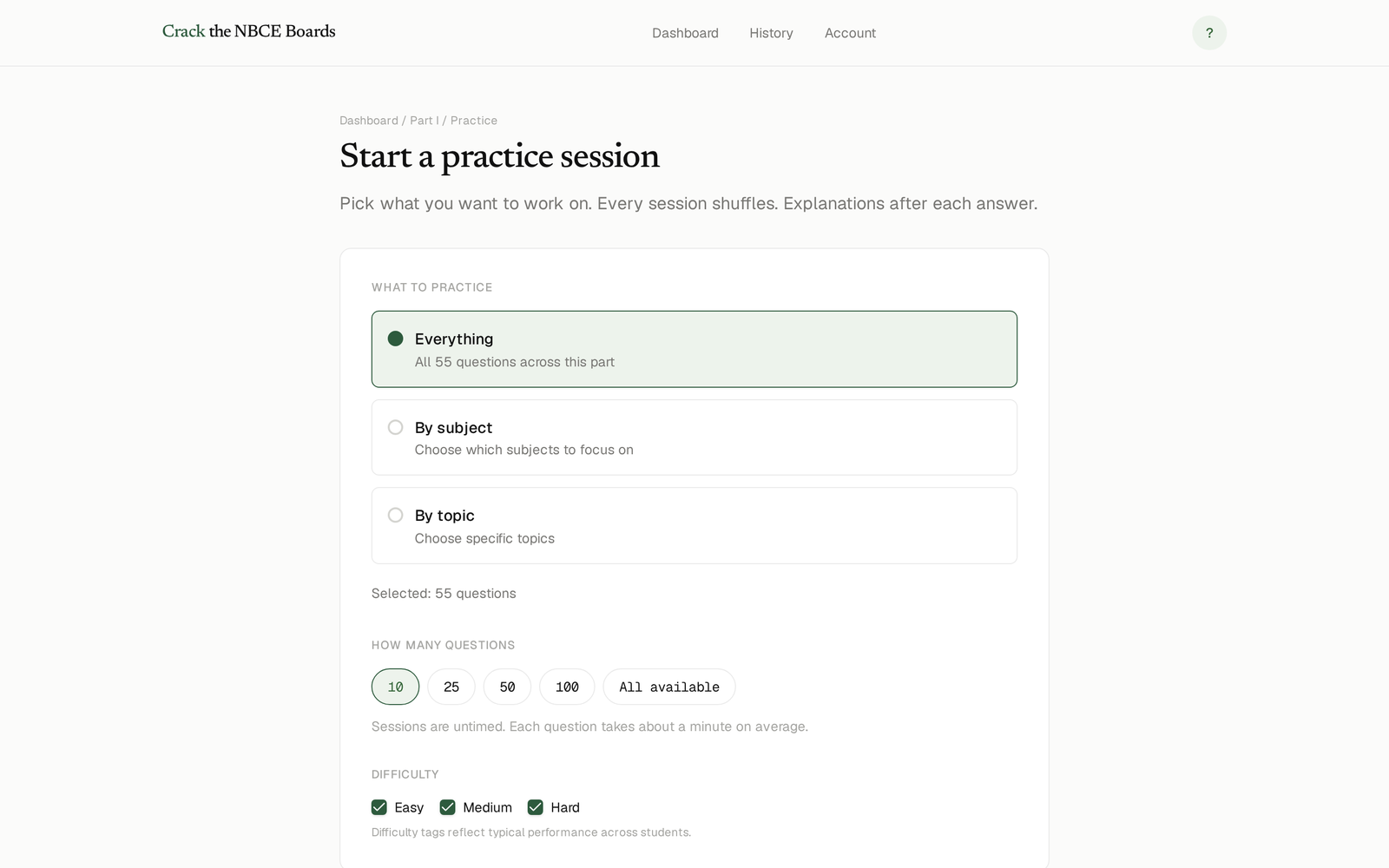 Start a practice session screen: choose everything, by subject or by topic, pick 10 to all available questions, and toggle easy, medium and hard difficulty