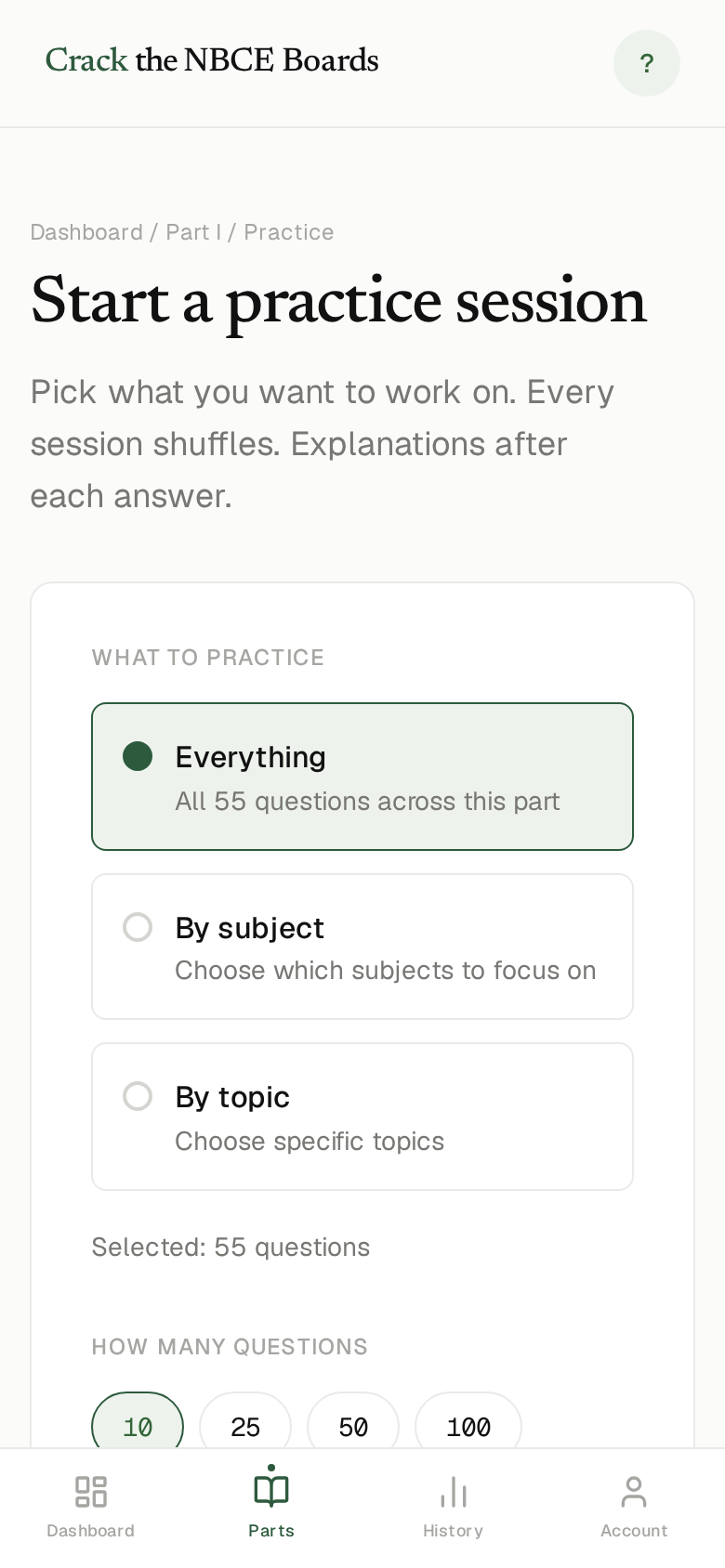 Start a practice session on a phone with scope options and question-count chips