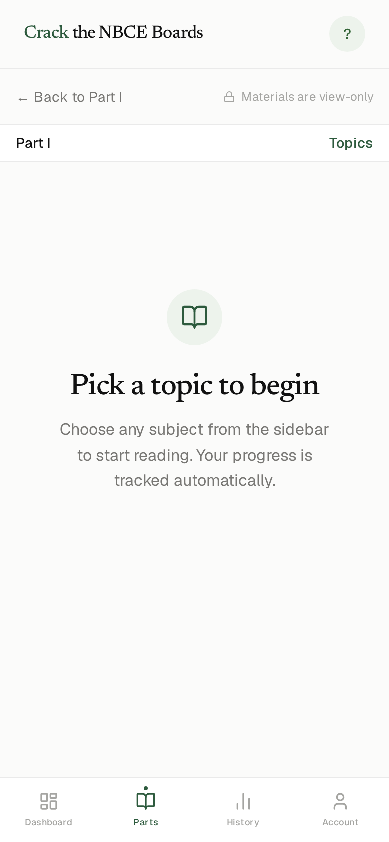 Study material browser on a phone with a searchable subject list and a view-only notice