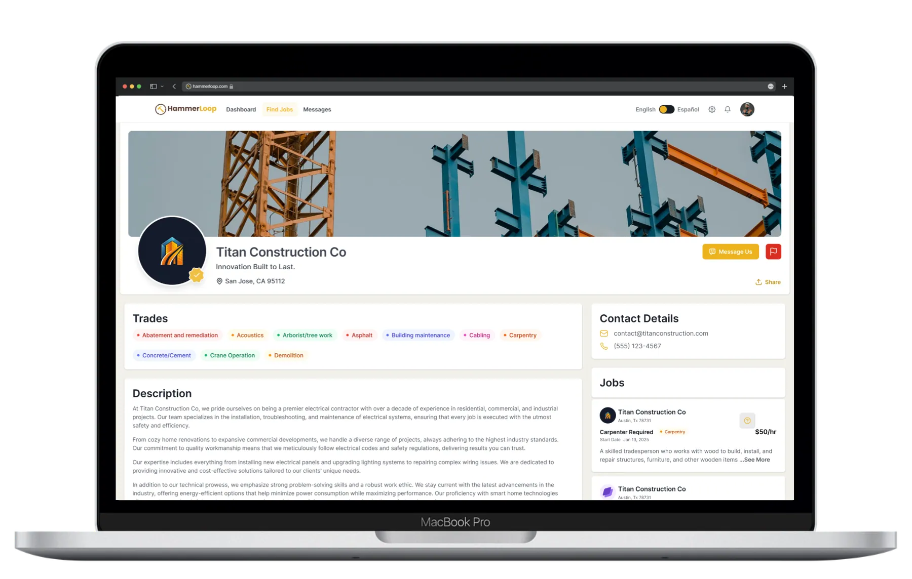 HammerLoop contractor profile on a laptop, showing trades, description and open jobs