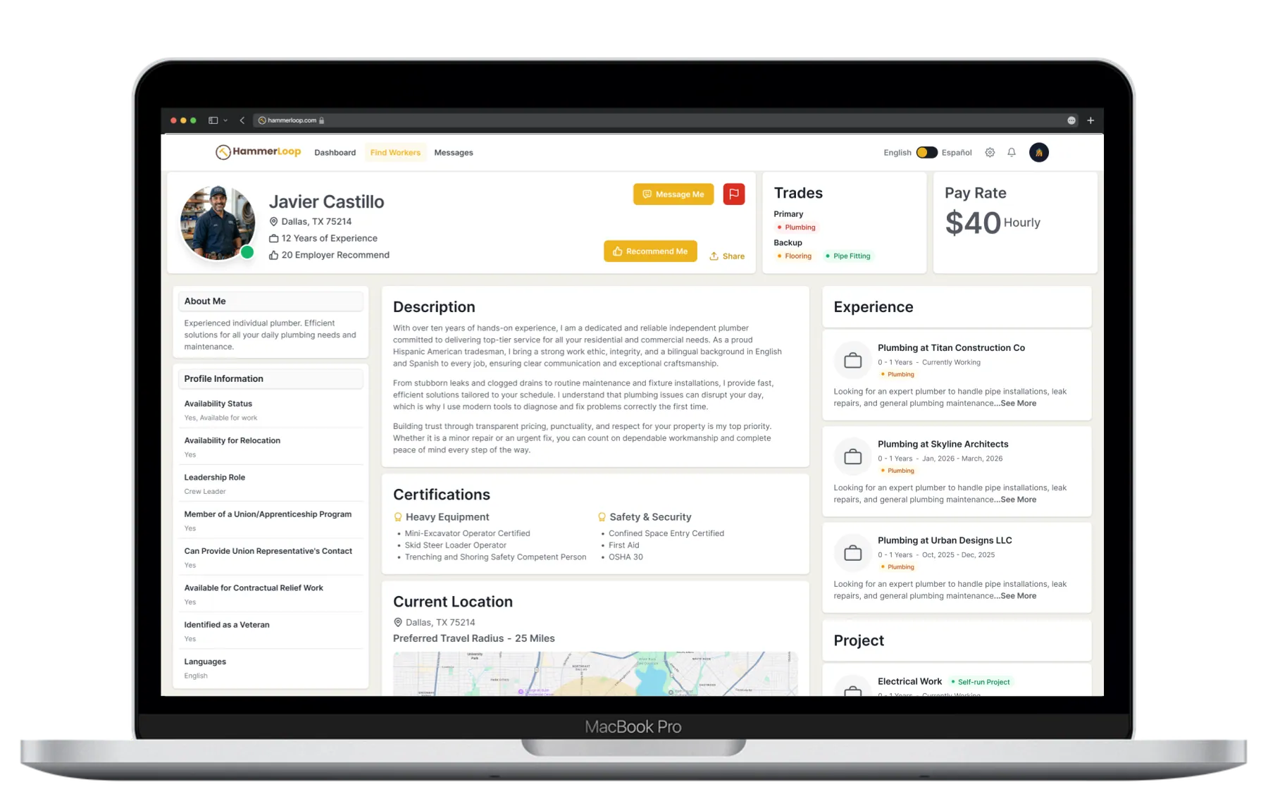 HammerLoop worker profile on a laptop, showing trades, rate, certifications and travel radius